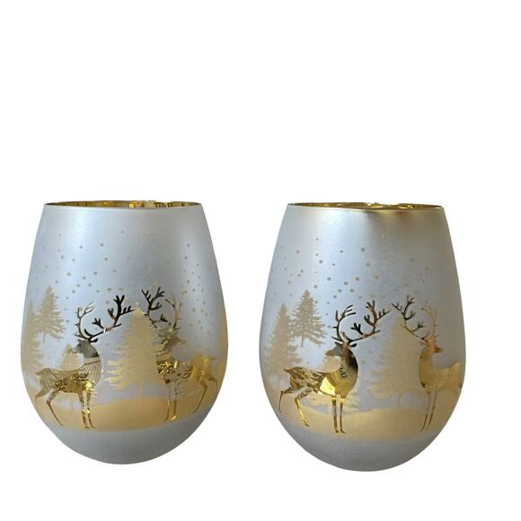 Christmas Frosted Stemless Wine Glasses 18oz Set of 2 Gold & Silver Holiday Glam - Picture 1 of 10